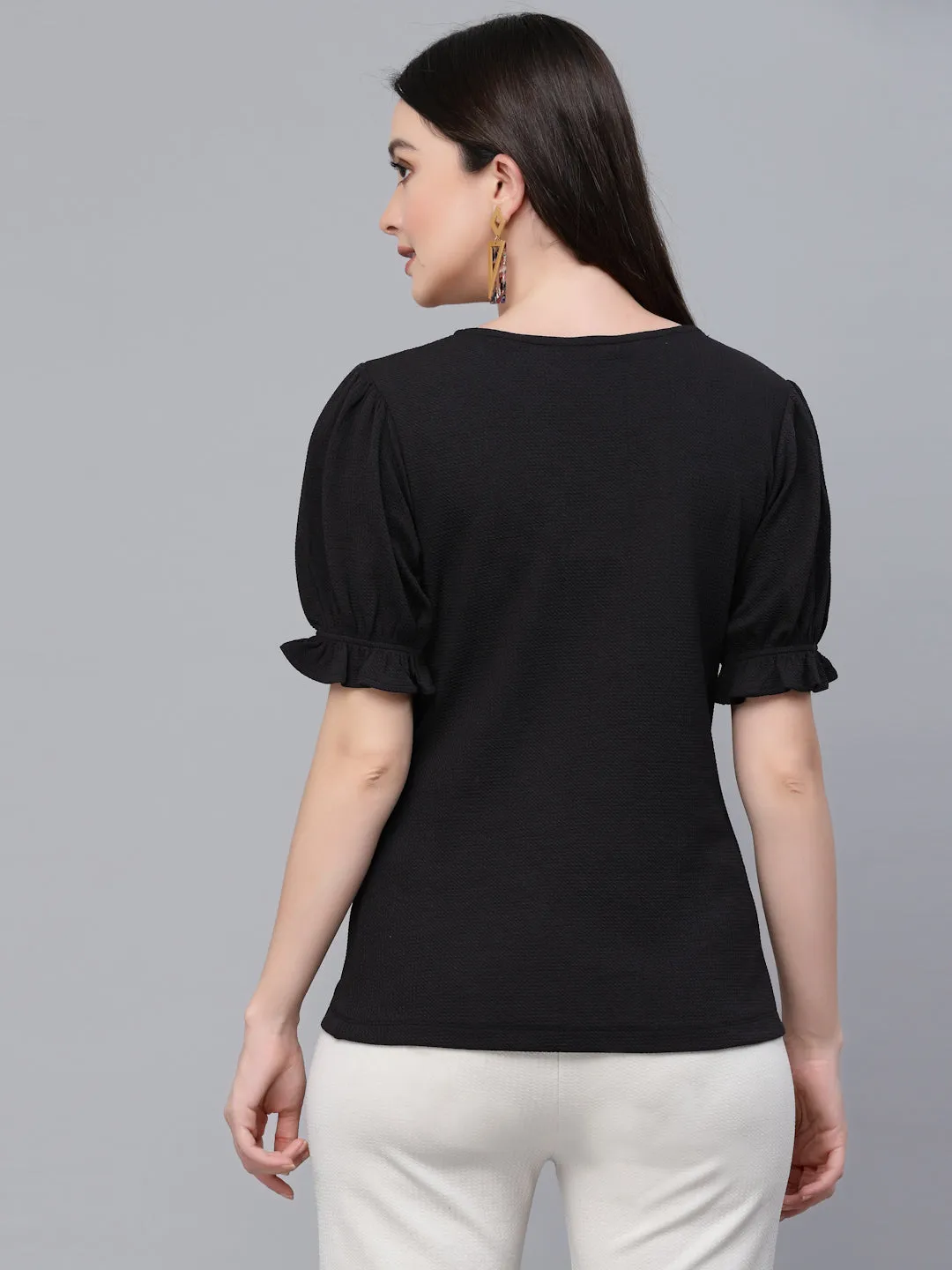 Style Quotient Women Black Poly Knit Smart Casual Short Sleeve Top