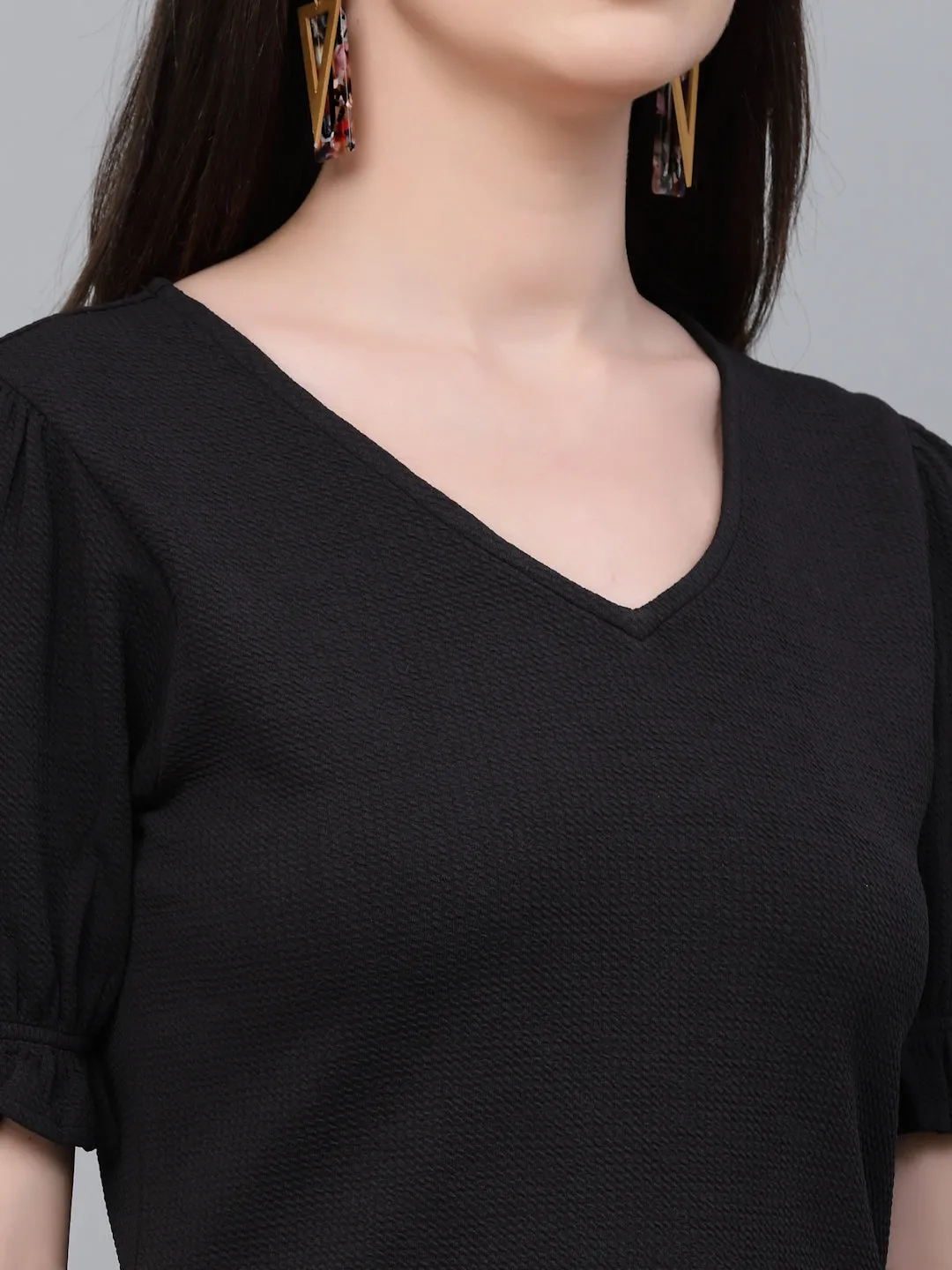 Style Quotient Women Black Poly Knit Smart Casual Short Sleeve Top