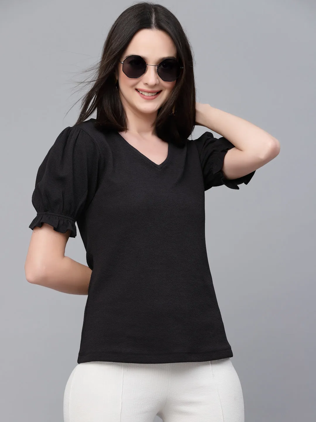 Style Quotient Women Black Poly Knit Smart Casual Short Sleeve Top