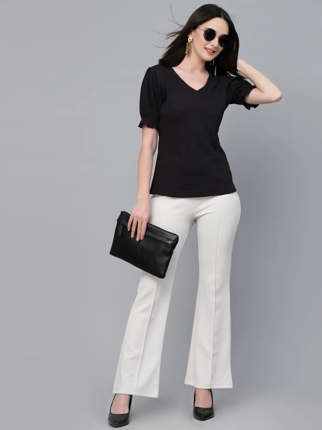 Style Quotient Women Black Poly Knit Smart Casual Short Sleeve Top