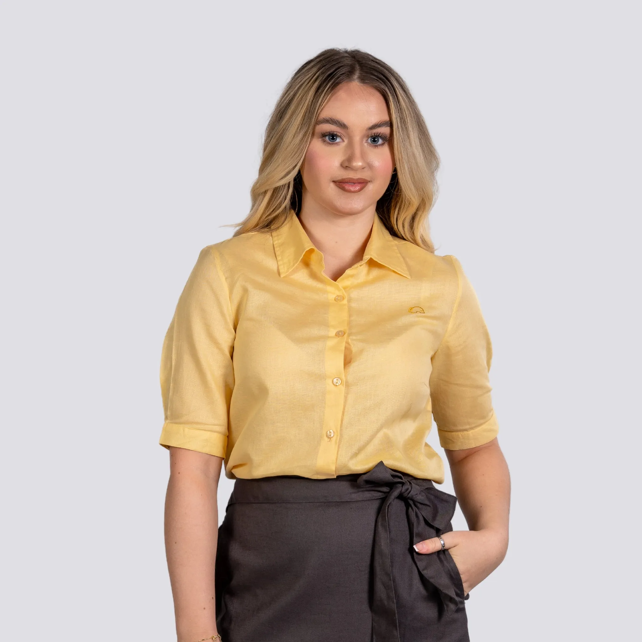 Sunlit Breeze Yellow Linen Cotton Shirt For Women