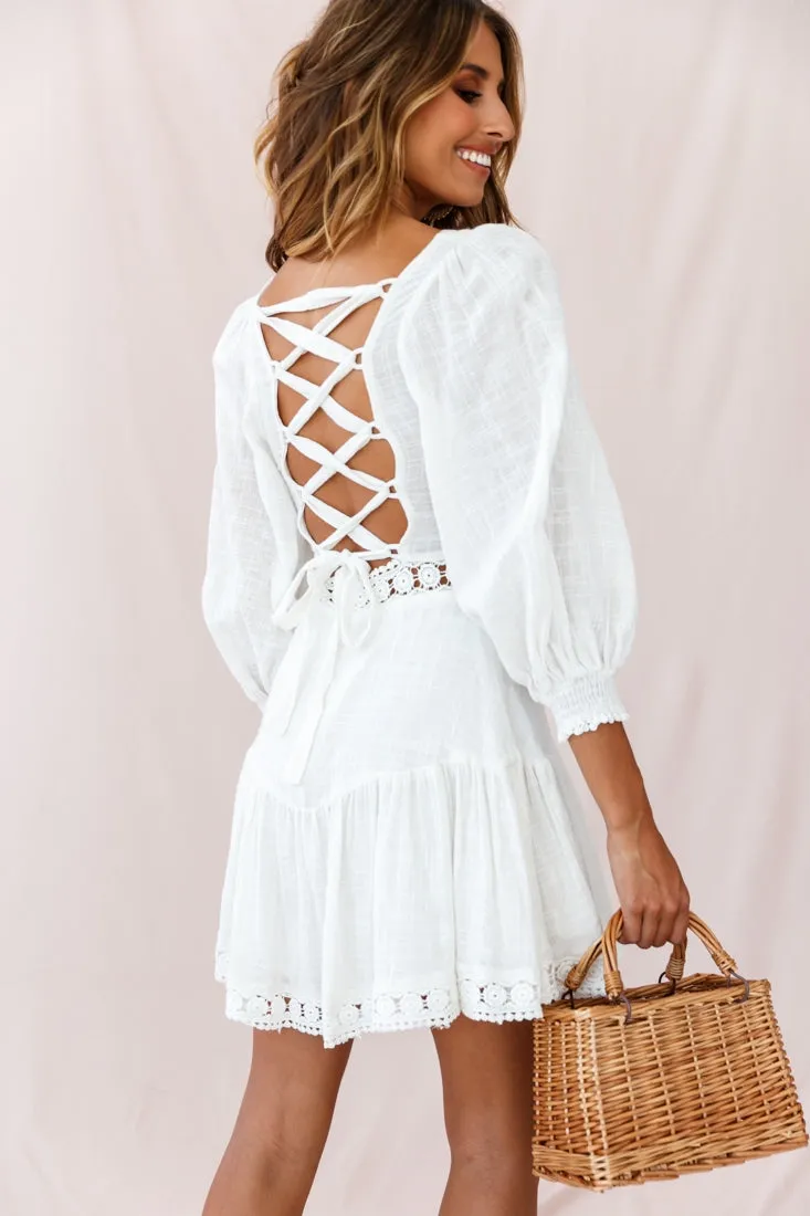 Sweetheart Corset-Back Lantern Sleeve Dress White