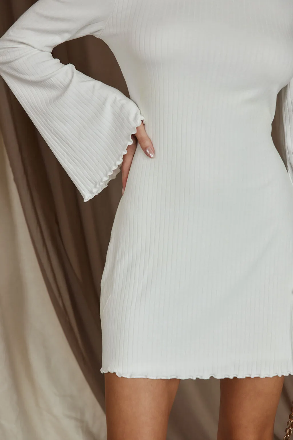 Tate White Rib Mini Long Sleeve Dress