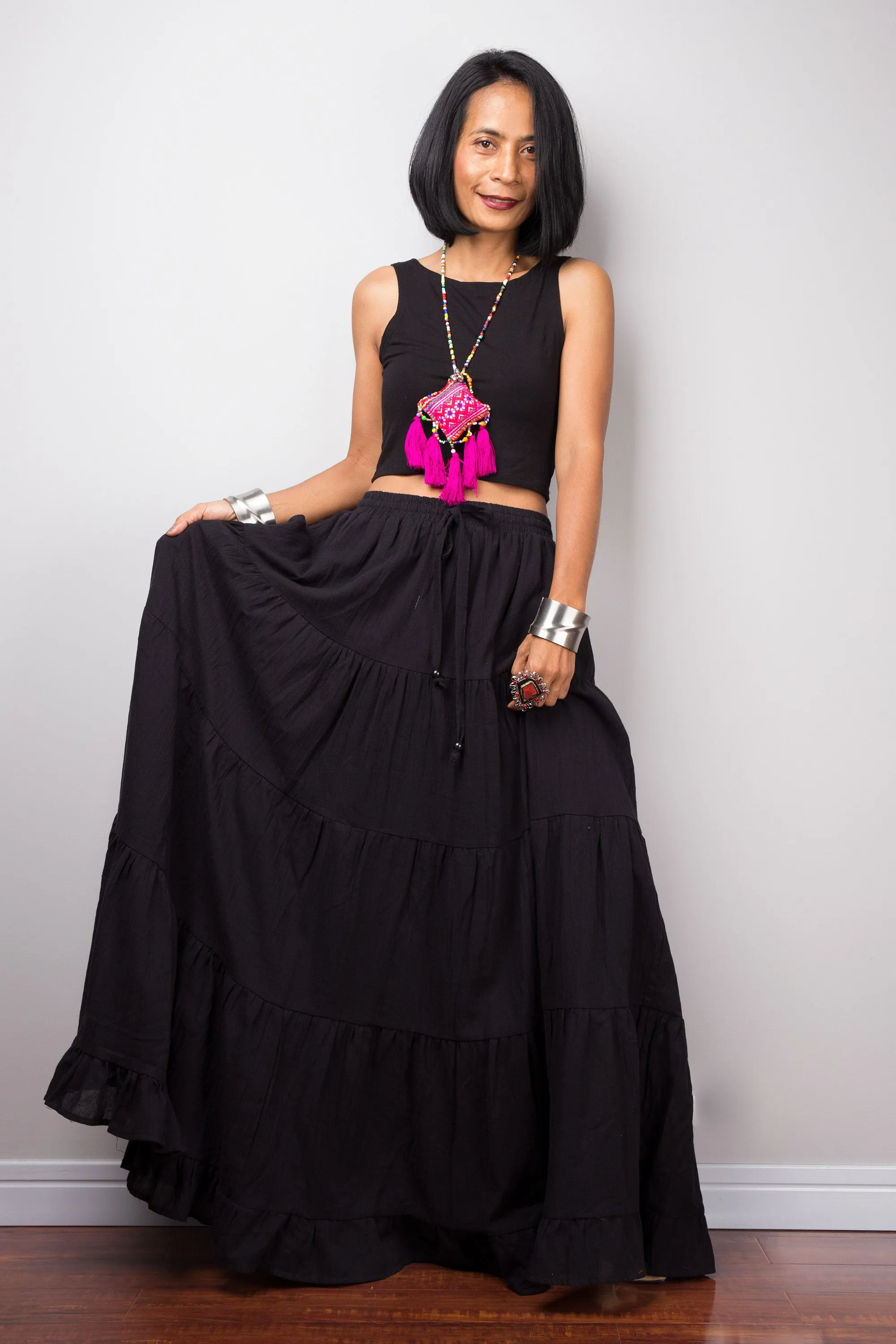 Tiered black cotton maxi skirt