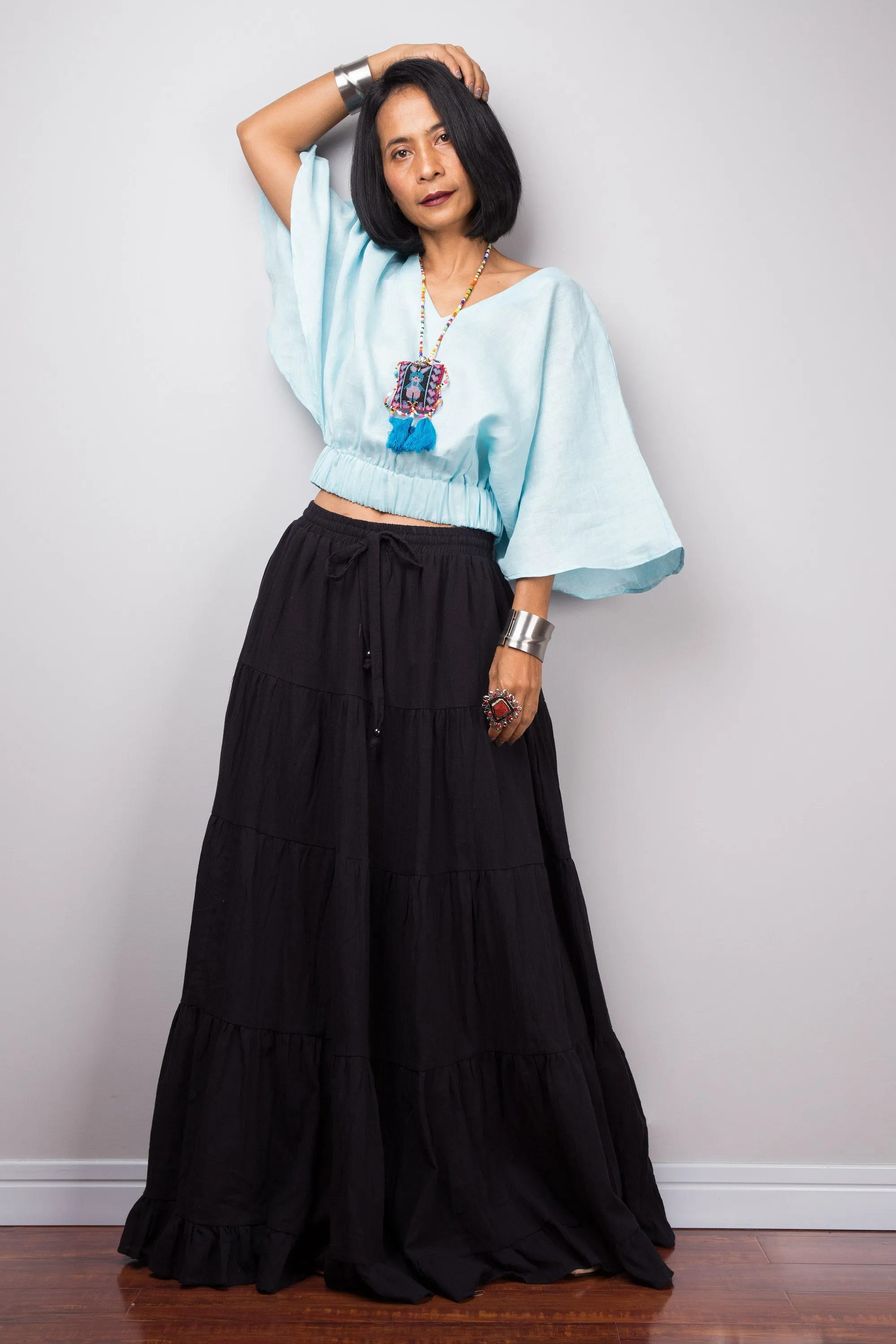 Tiered black cotton maxi skirt