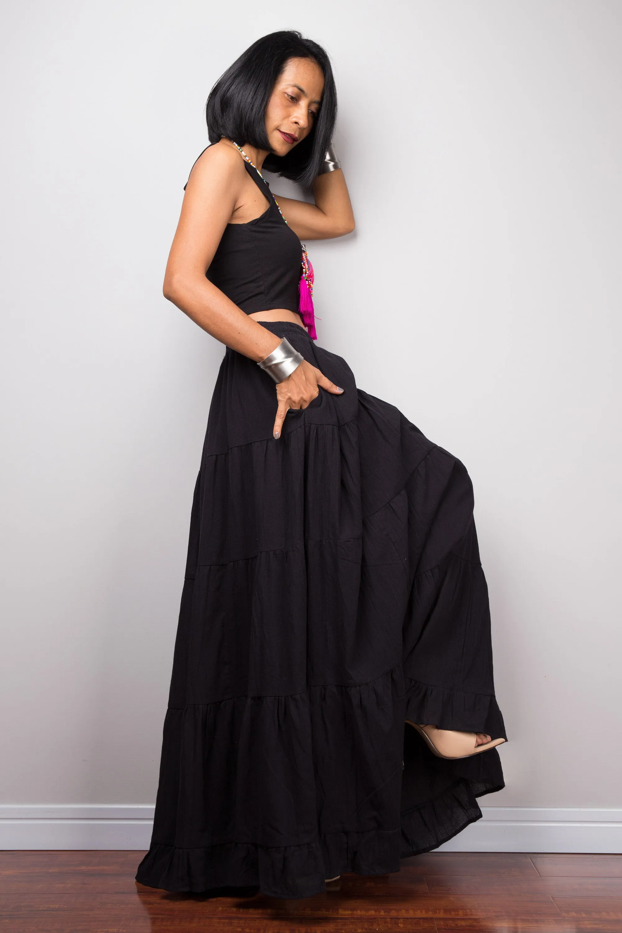 Tiered black cotton maxi skirt