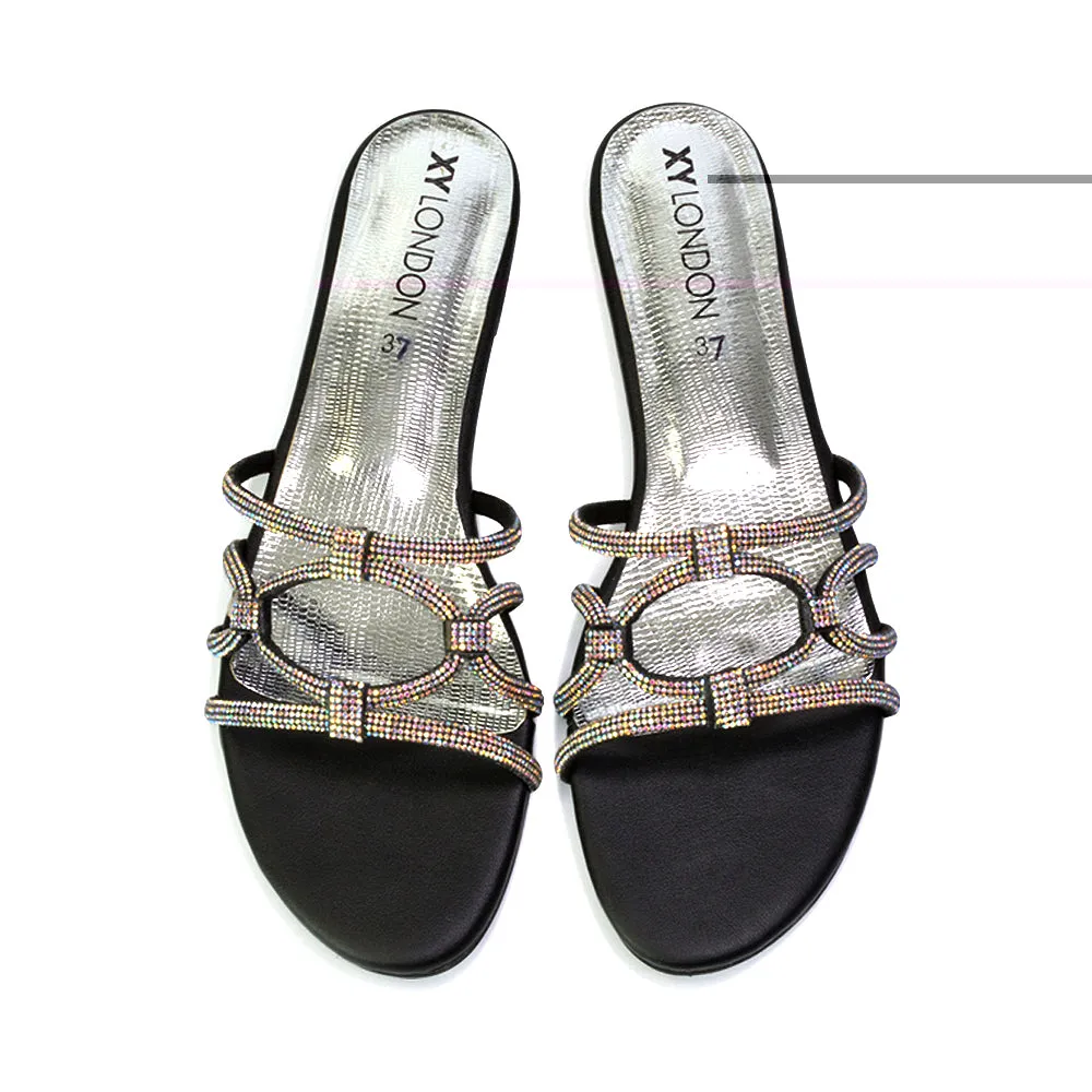 Tiger Slip On Summer Flat Diamante Sandal Statement Sparkly Sliders in Black