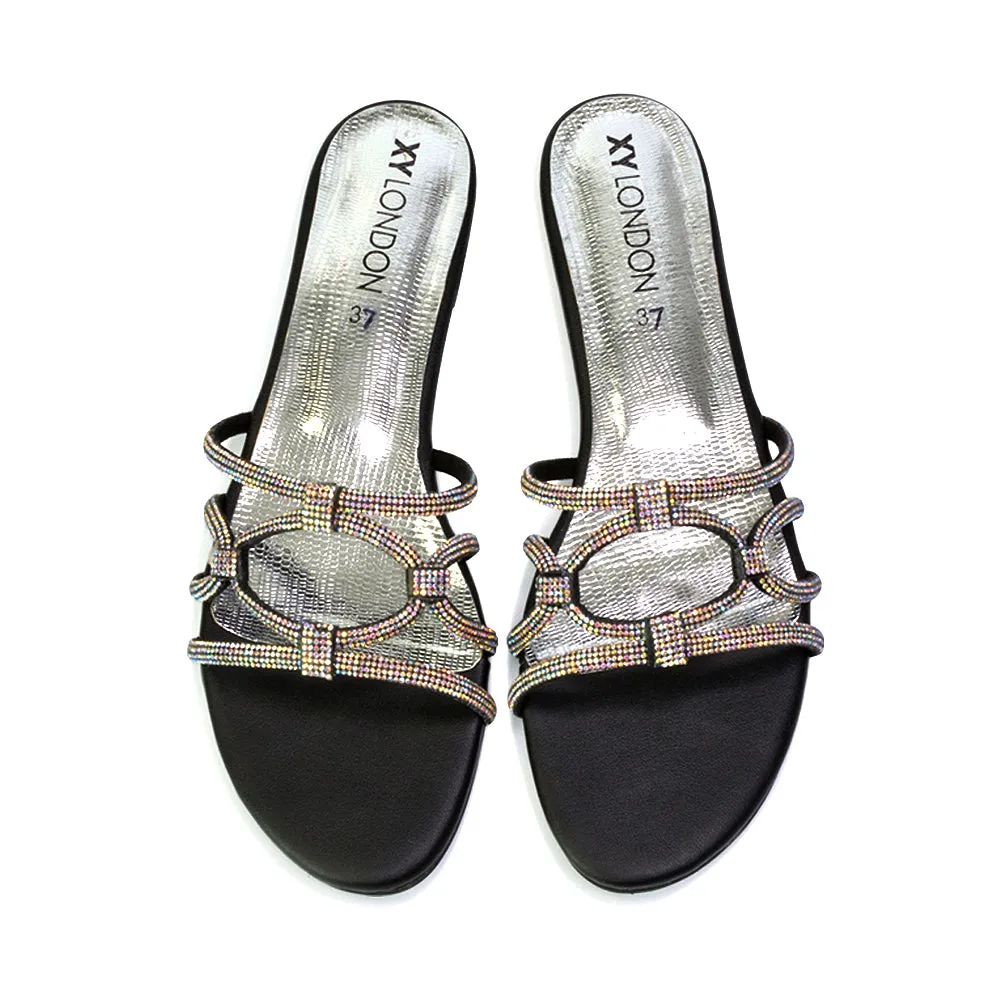 Tiger Slip On Summer Flat Diamante Sandal Statement Sparkly Sliders in Black