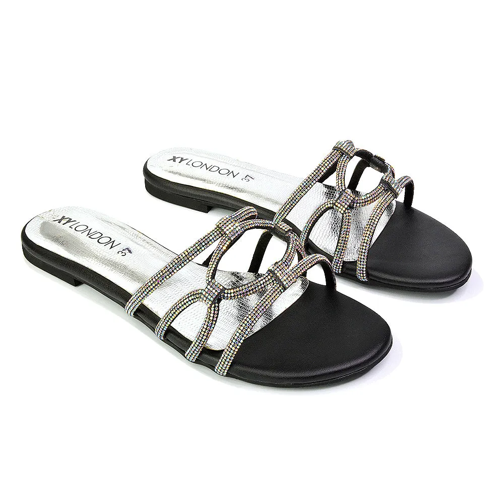 Tiger Slip On Summer Flat Diamante Sandal Statement Sparkly Sliders in Black