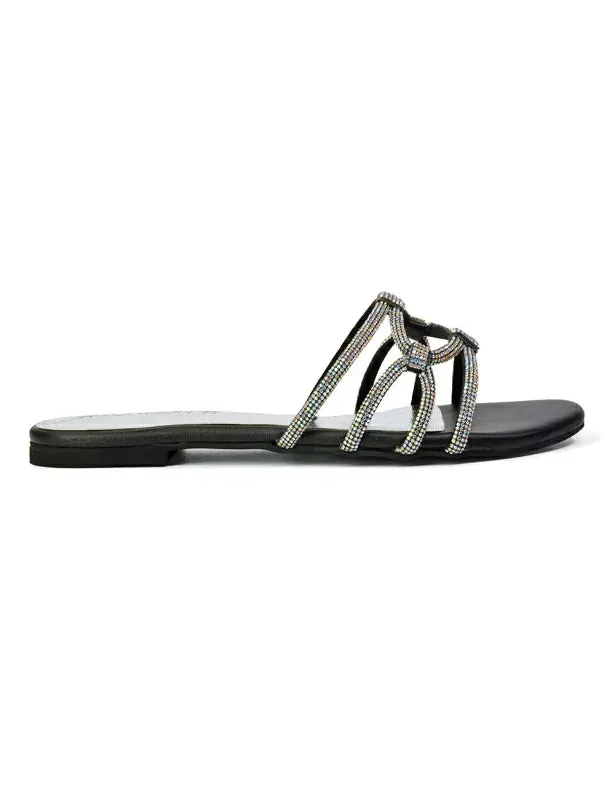 Tiger Slip On Summer Flat Diamante Sandal Statement Sparkly Sliders in Black