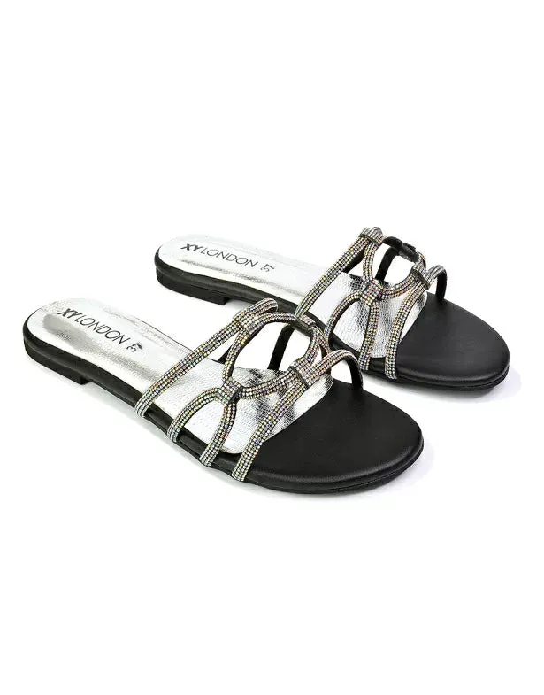 Tiger Slip On Summer Flat Diamante Sandal Statement Sparkly Sliders in Black