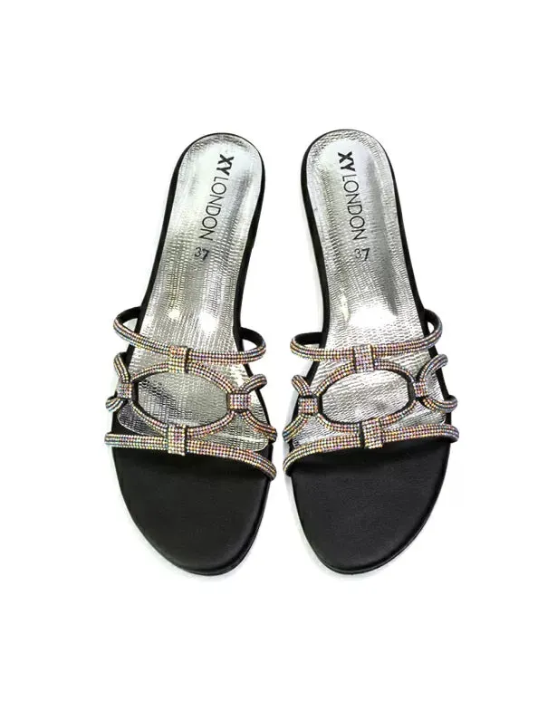 Tiger Slip On Summer Flat Diamante Sandal Statement Sparkly Sliders in Black