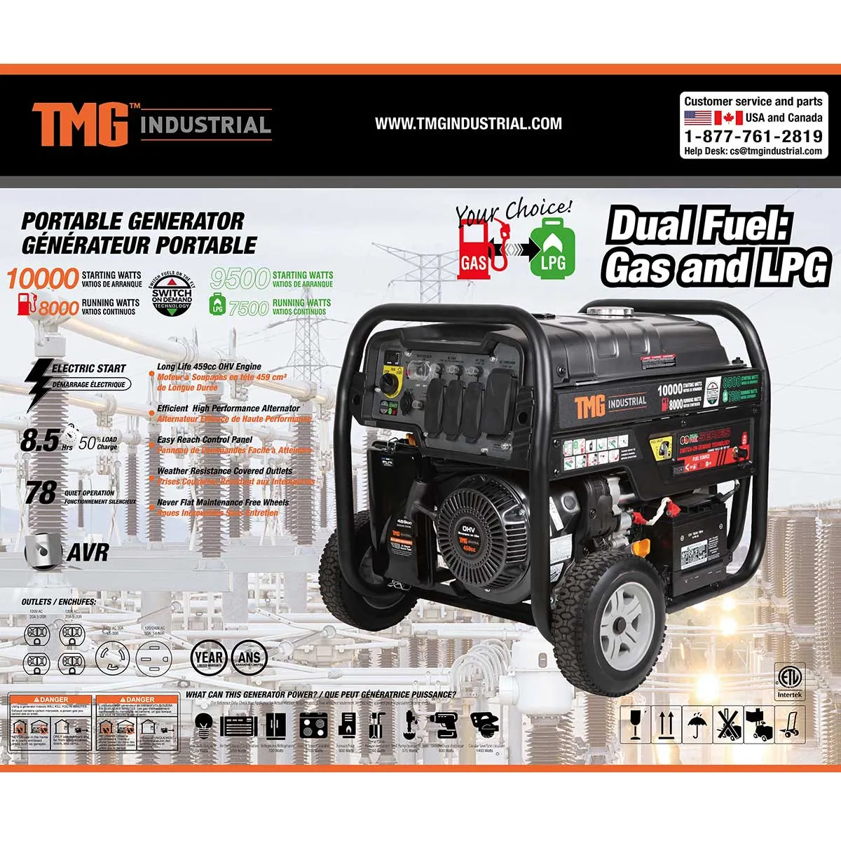 TMG Industrial 10,000-Watt Dual Fuel Generator (Gasoline and LPG) with Electric Start, 8.5 Hour Run Time, TMG-10000GED