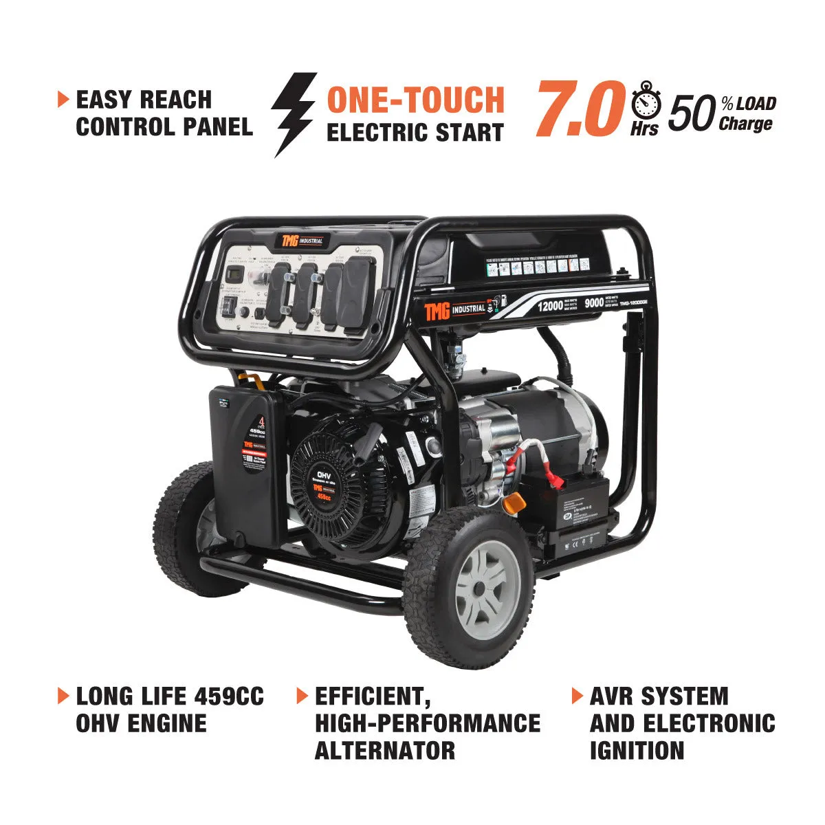 TMG Industrial 12,000 Watt Gasoline Generator, Electric Start, 7-Hour Run Time, 120V/240VAC, TMG-12000GE