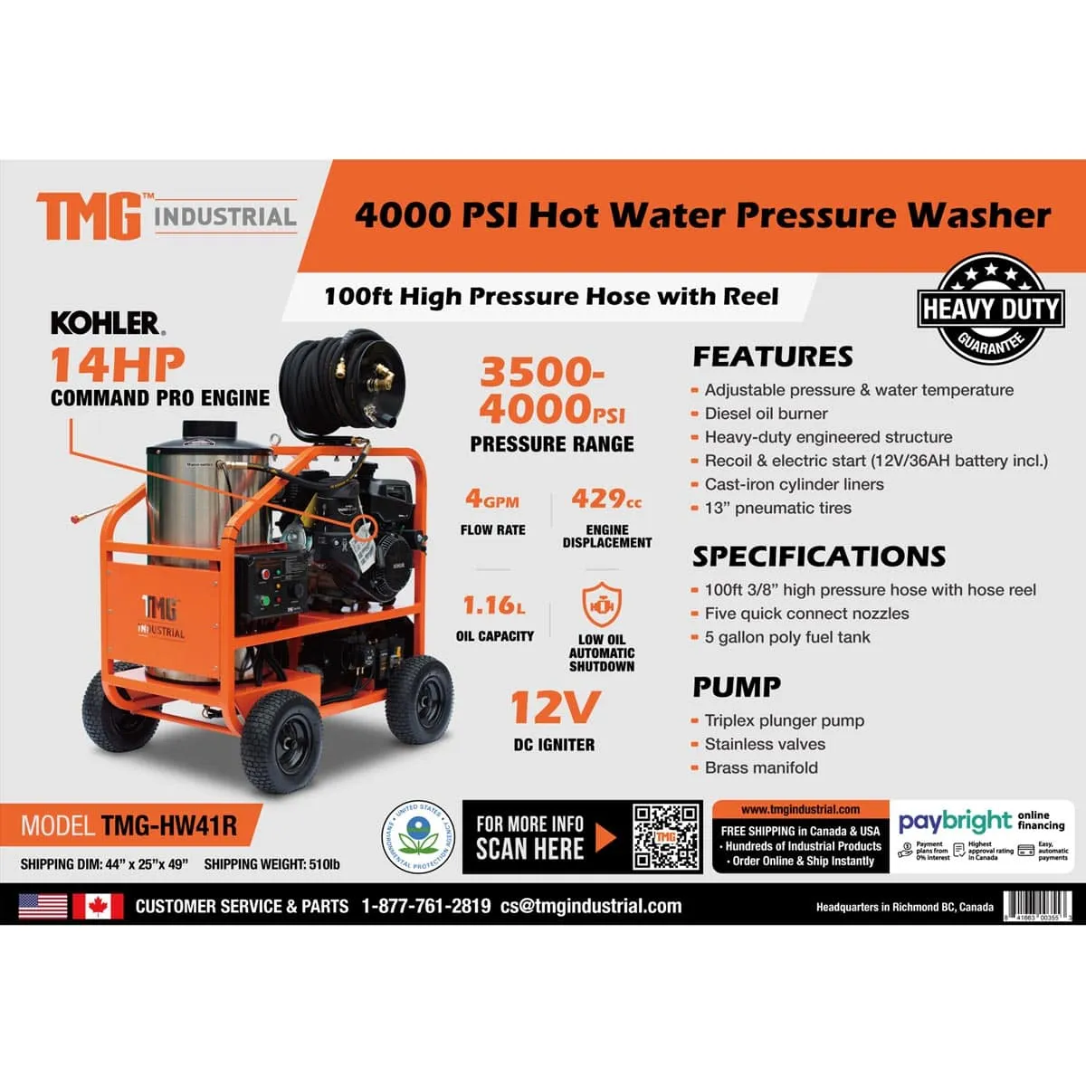 TMG Industrial 4000 PSI Hot Water Pressure Washer with 85’ Hose Reel, 14 HP Kohler Engine, Electric Start, Gas Fired, Triplex Plunger Pump, TMG-HW41R