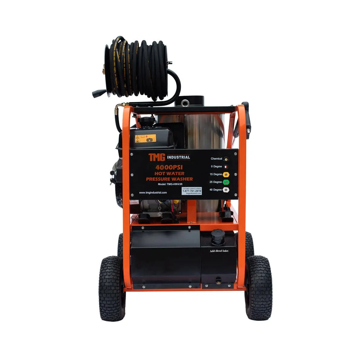 TMG Industrial 4000 PSI Hot Water Pressure Washer with 85’ Hose Reel, 14 HP Kohler Engine, Electric Start, Gas Fired, Triplex Plunger Pump, TMG-HW41R