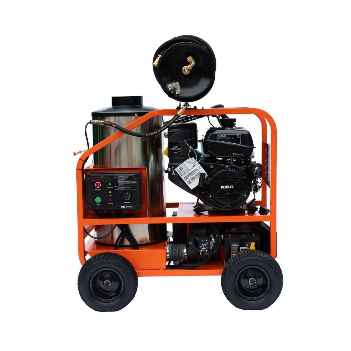 TMG Industrial 4000 PSI Hot Water Pressure Washer with 85’ Hose Reel, 14 HP Kohler Engine, Electric Start, Gas Fired, Triplex Plunger Pump, TMG-HW41R