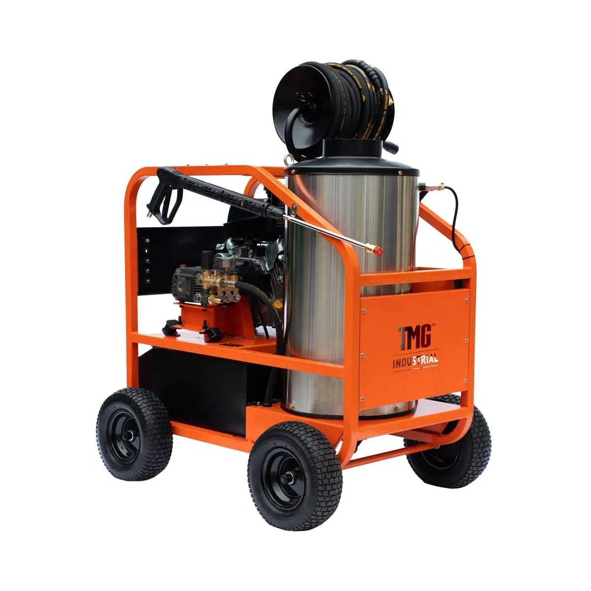 TMG Industrial 4000 PSI Hot Water Pressure Washer with 85’ Hose Reel, 14 HP Kohler Engine, Electric Start, Gas Fired, Triplex Plunger Pump, TMG-HW41R