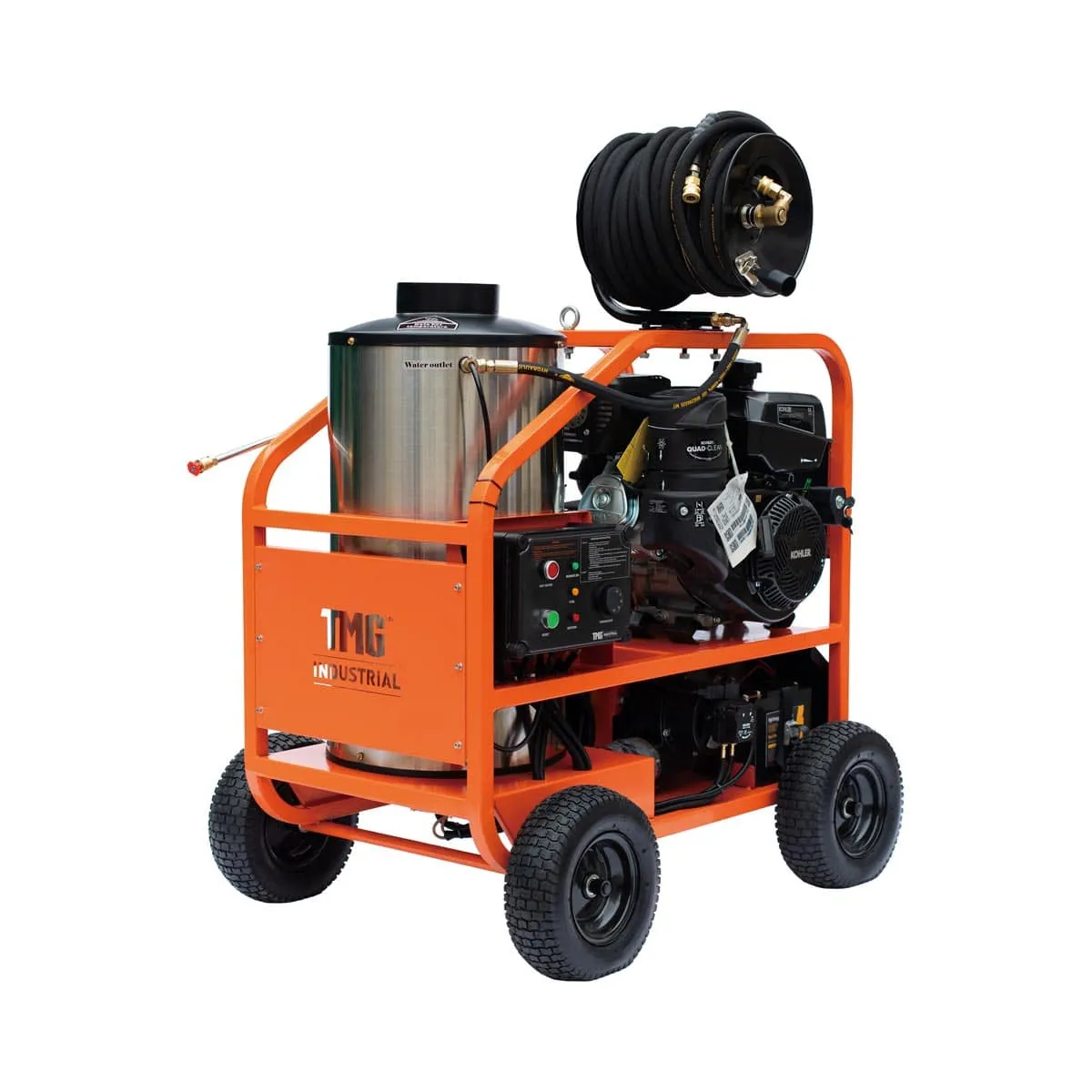 TMG Industrial 4000 PSI Hot Water Pressure Washer with 85’ Hose Reel, 14 HP Kohler Engine, Electric Start, Gas Fired, Triplex Plunger Pump, TMG-HW41R