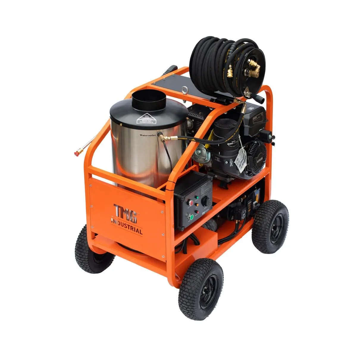 TMG Industrial 4000 PSI Hot Water Pressure Washer with 85’ Hose Reel, 14 HP Kohler Engine, Electric Start, Gas Fired, Triplex Plunger Pump, TMG-HW41R