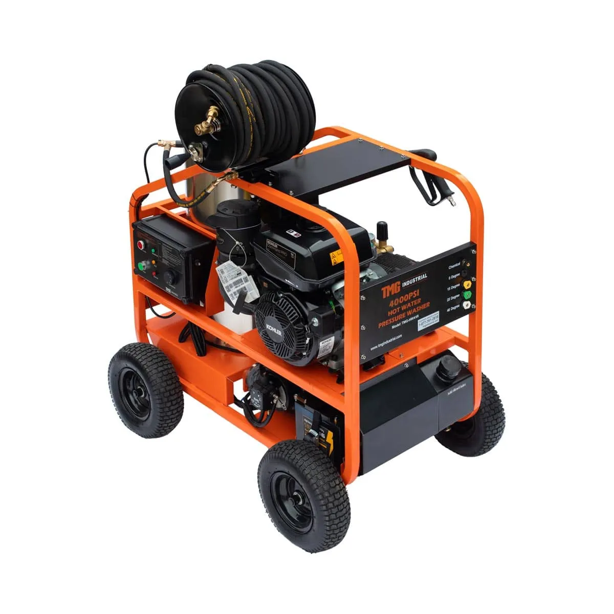 TMG Industrial 4000 PSI Hot Water Pressure Washer with 85’ Hose Reel, 14 HP Kohler Engine, Electric Start, Gas Fired, Triplex Plunger Pump, TMG-HW41R