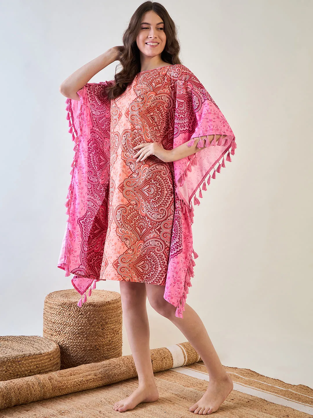 Vibrant Pink and Orange Paisley Crepe Kaftan with Tassel Details