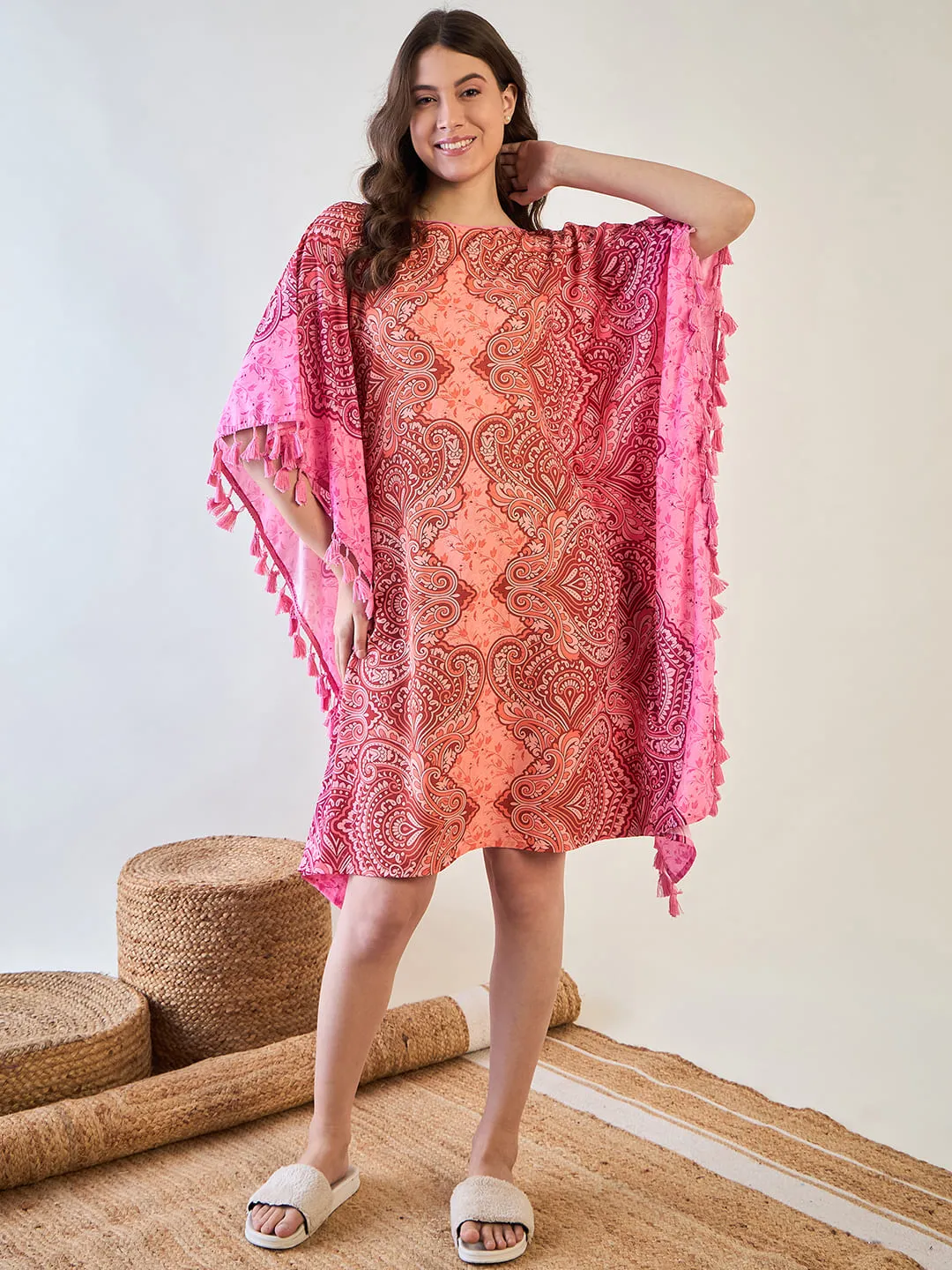 Vibrant Pink and Orange Paisley Crepe Kaftan with Tassel Details