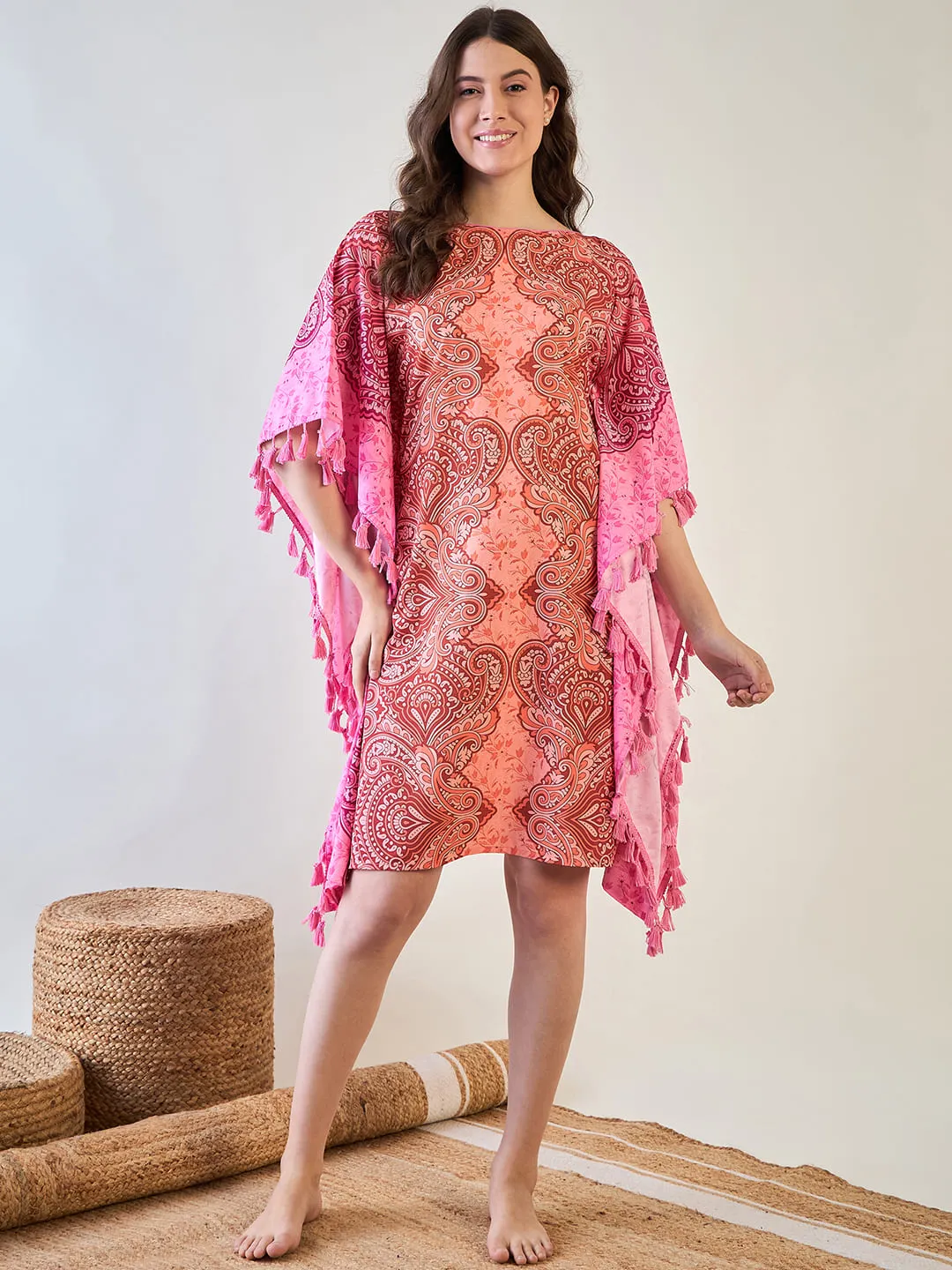 Vibrant Pink and Orange Paisley Crepe Kaftan with Tassel Details