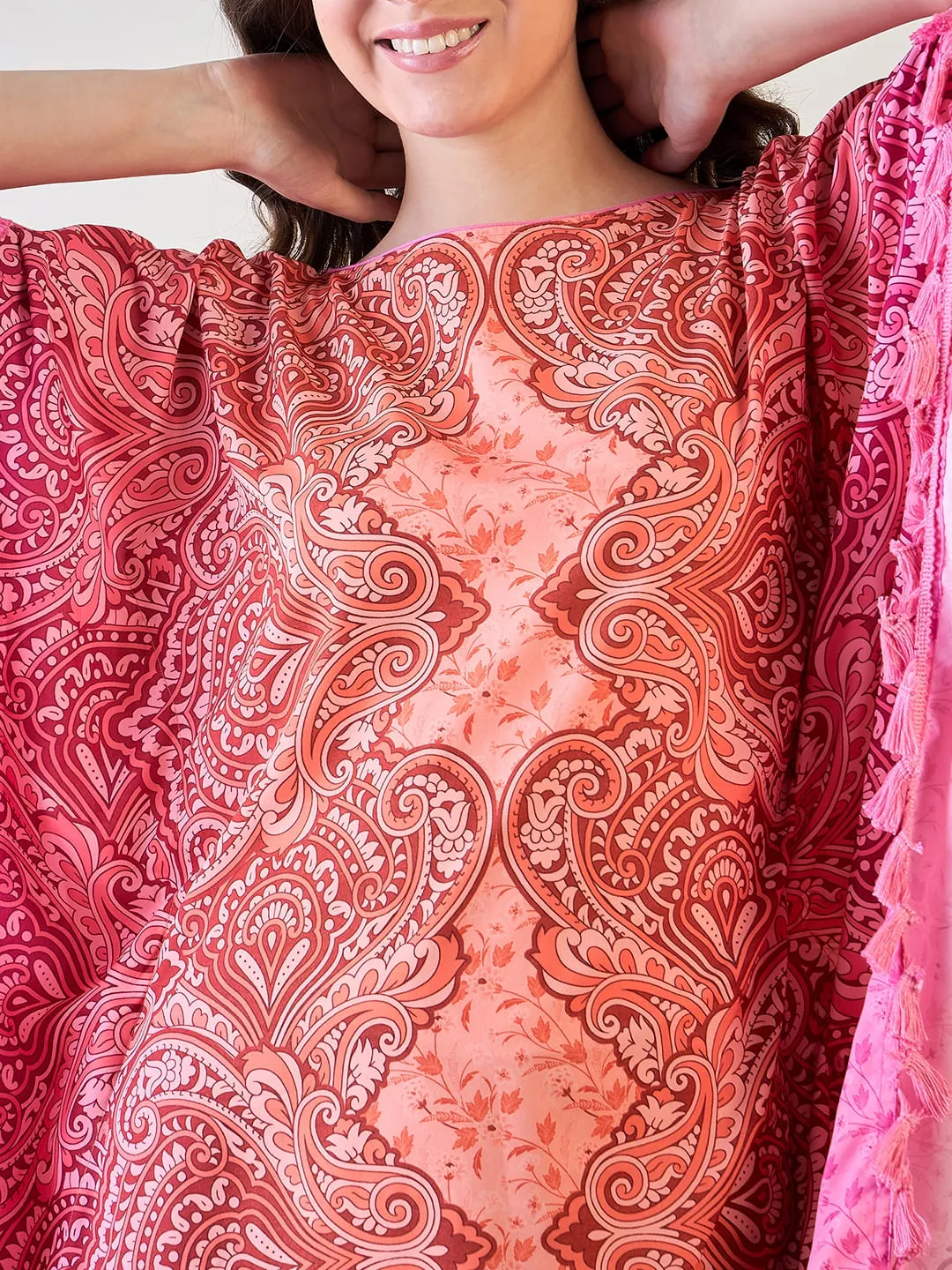 Vibrant Pink and Orange Paisley Crepe Kaftan with Tassel Details