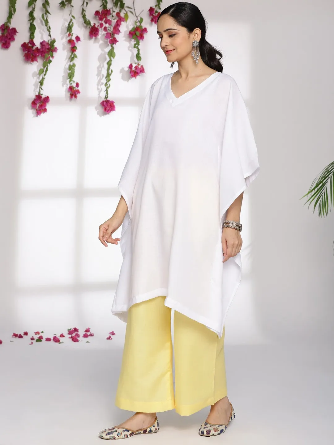 White CottonSlub Kaftan & Yellow Palazzo