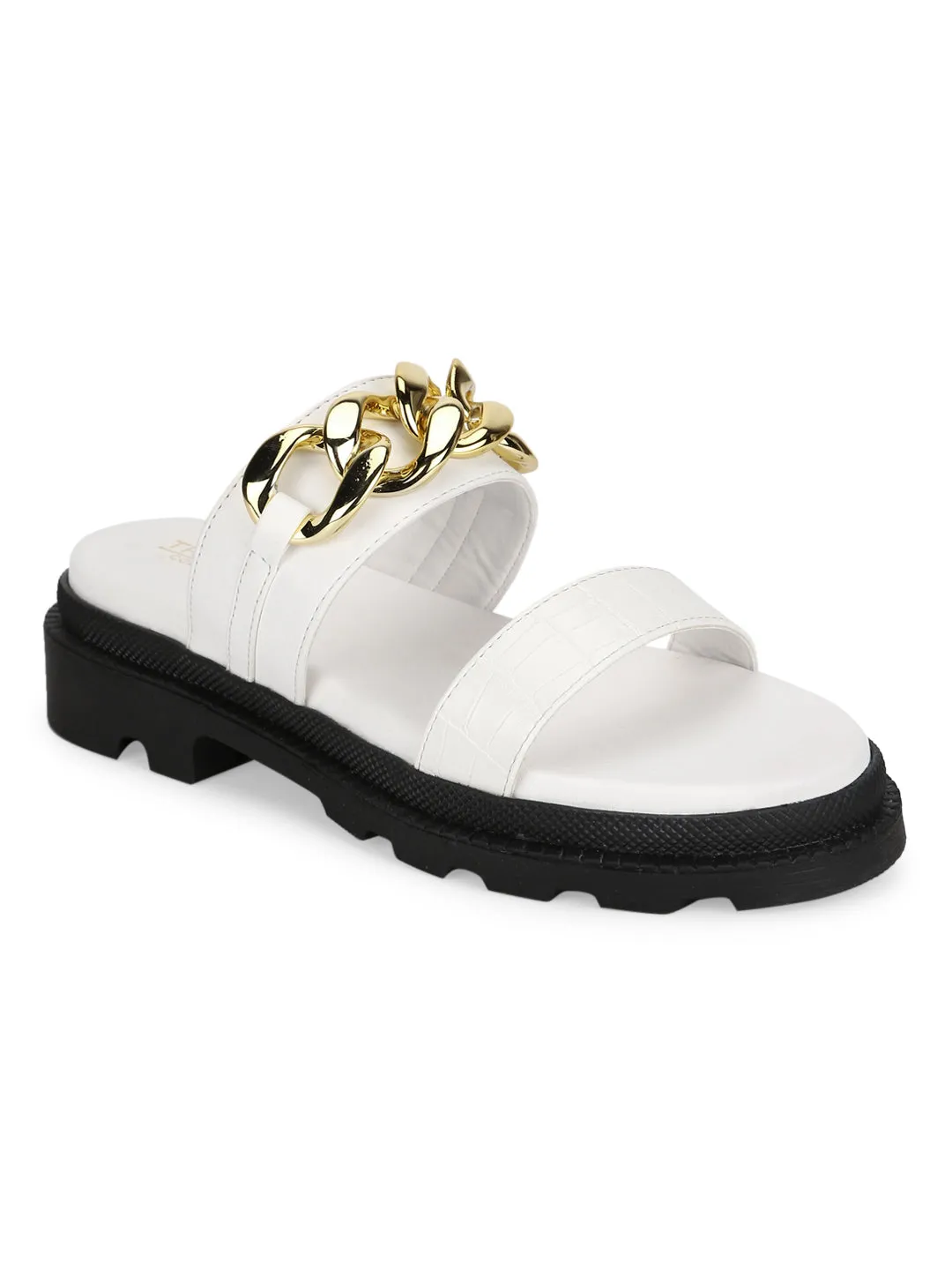 White PU Chained Platform Flats (TC-ST-1219-WHTPU)