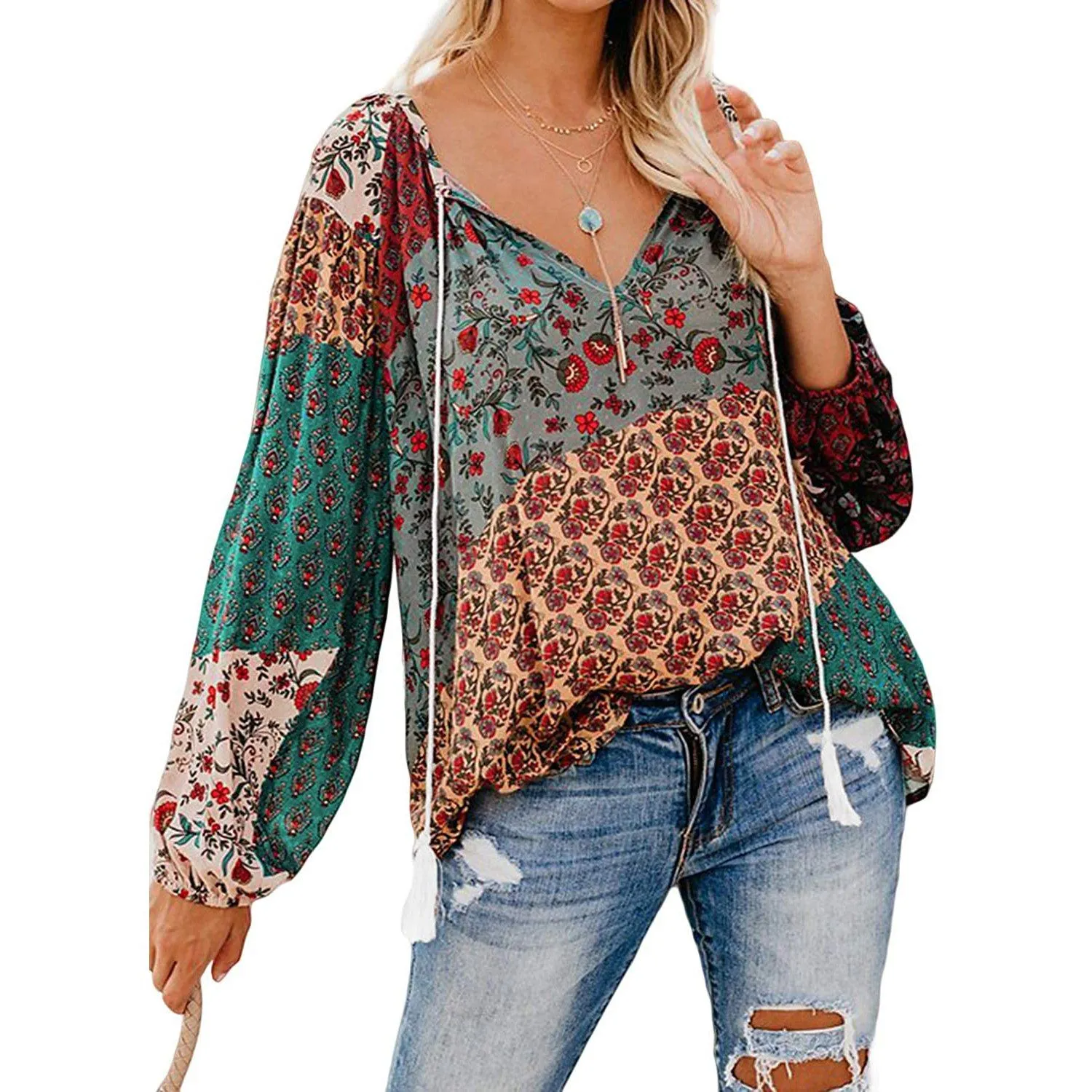 Women's Casual Boho Floral Print V Neck Long Sleeve Shirts Tops