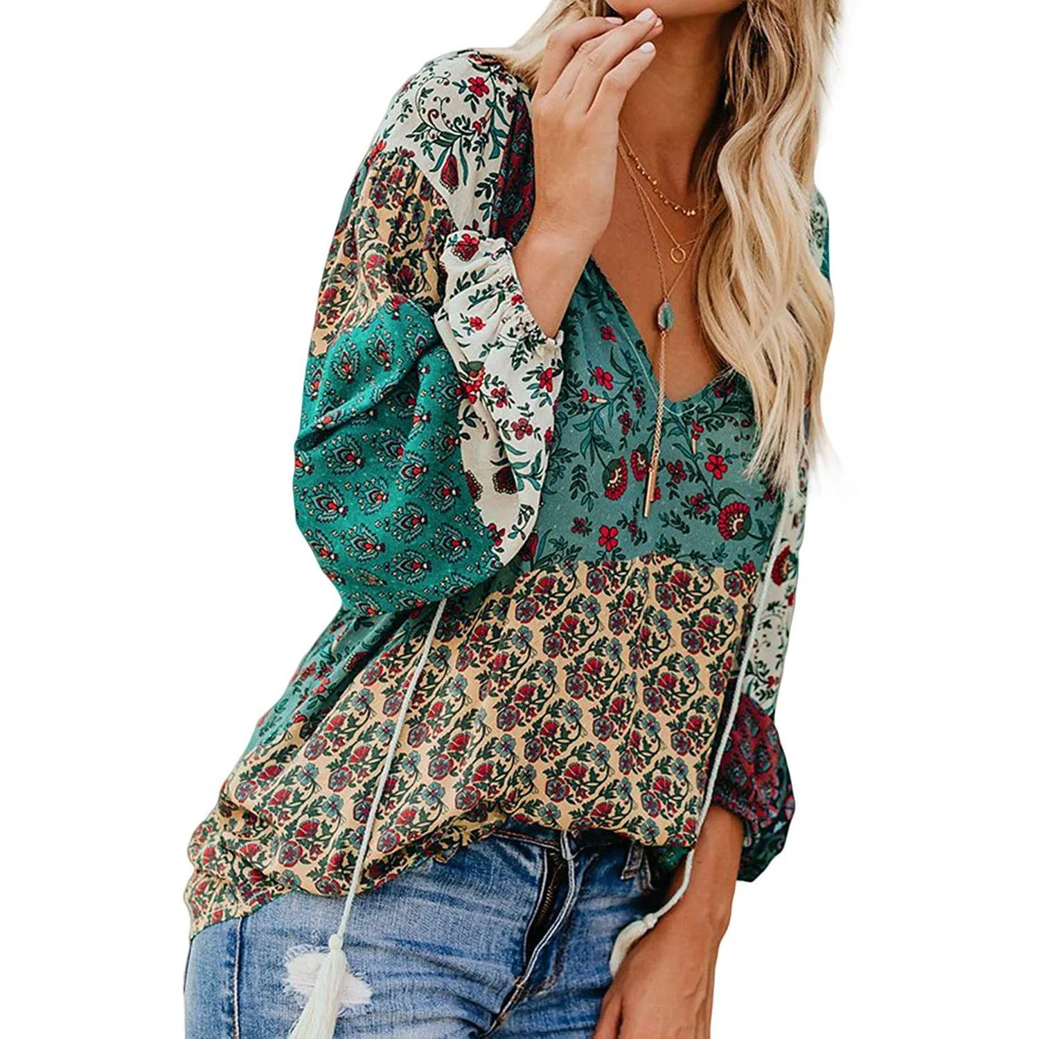 Women's Casual Boho Floral Print V Neck Long Sleeve Shirts Tops