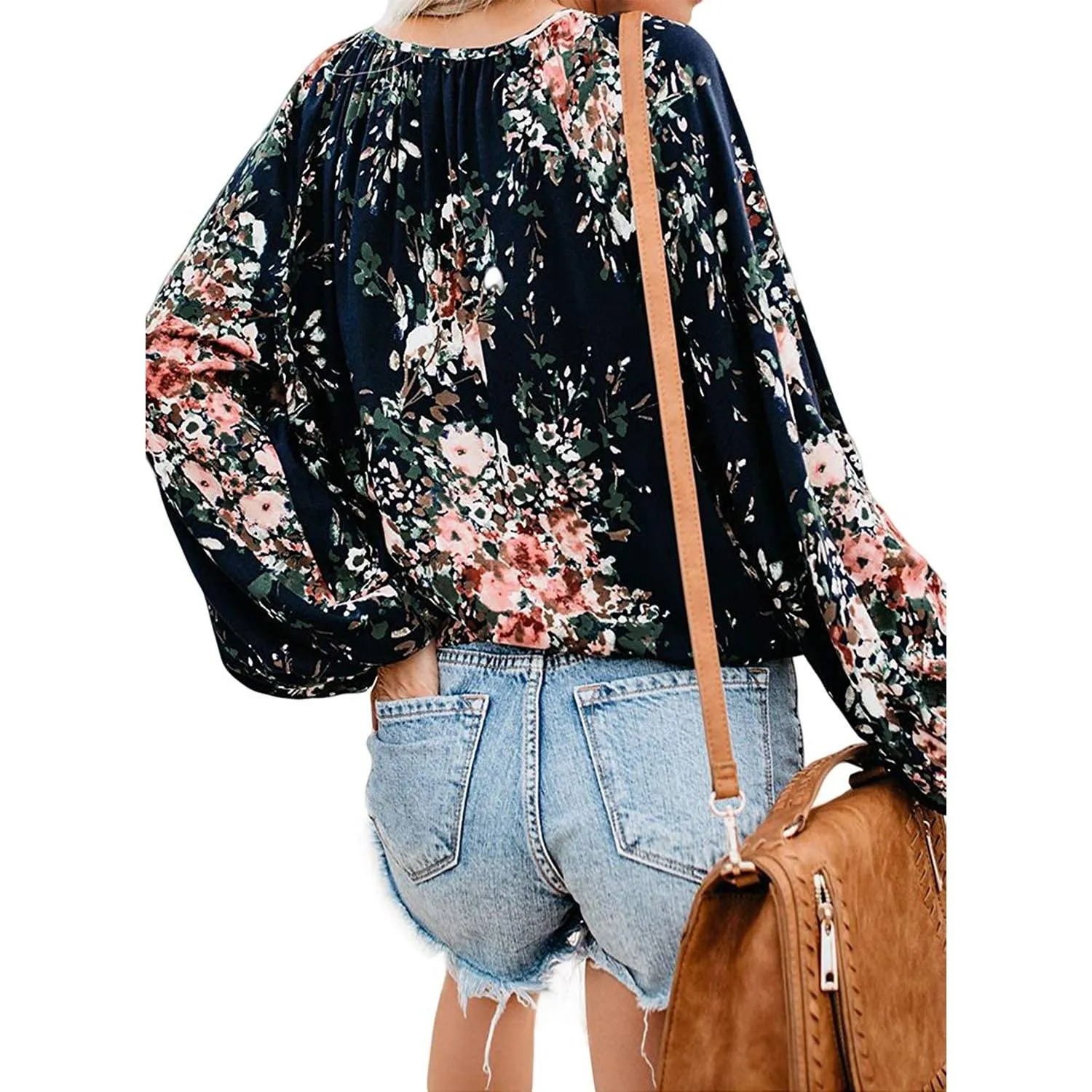 Women's Casual Boho Floral Print V Neck Long Sleeve Shirts Tops