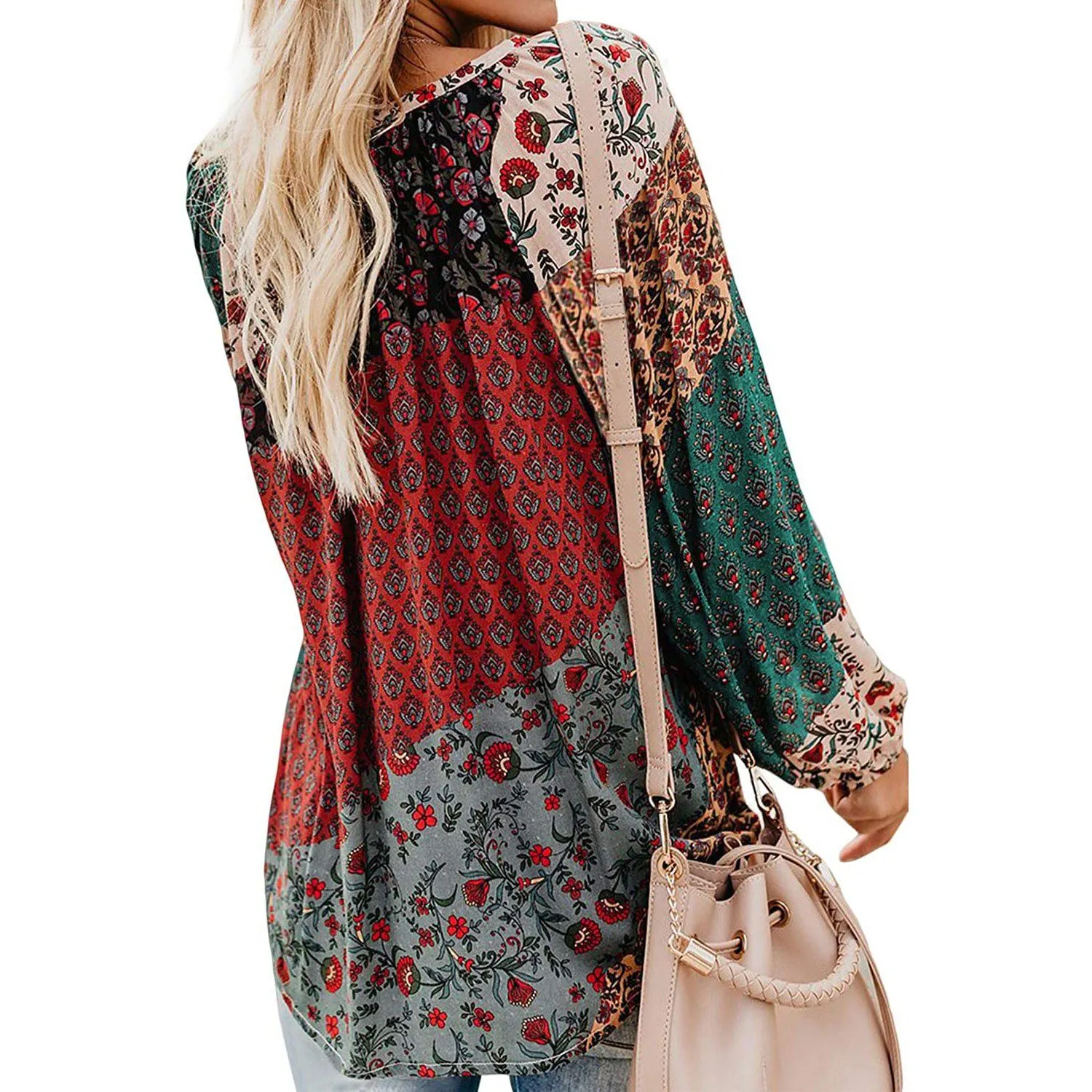 Women's Casual Boho Floral Print V Neck Long Sleeve Shirts Tops