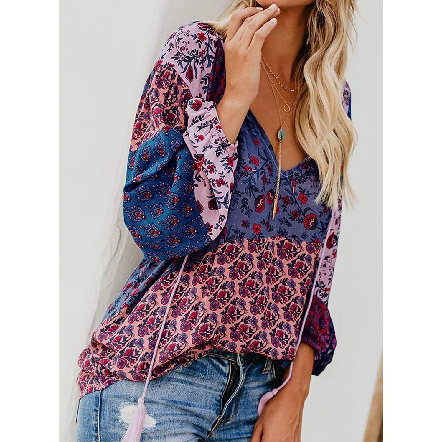 Women's Casual Boho Floral Print V Neck Long Sleeve Shirts Tops