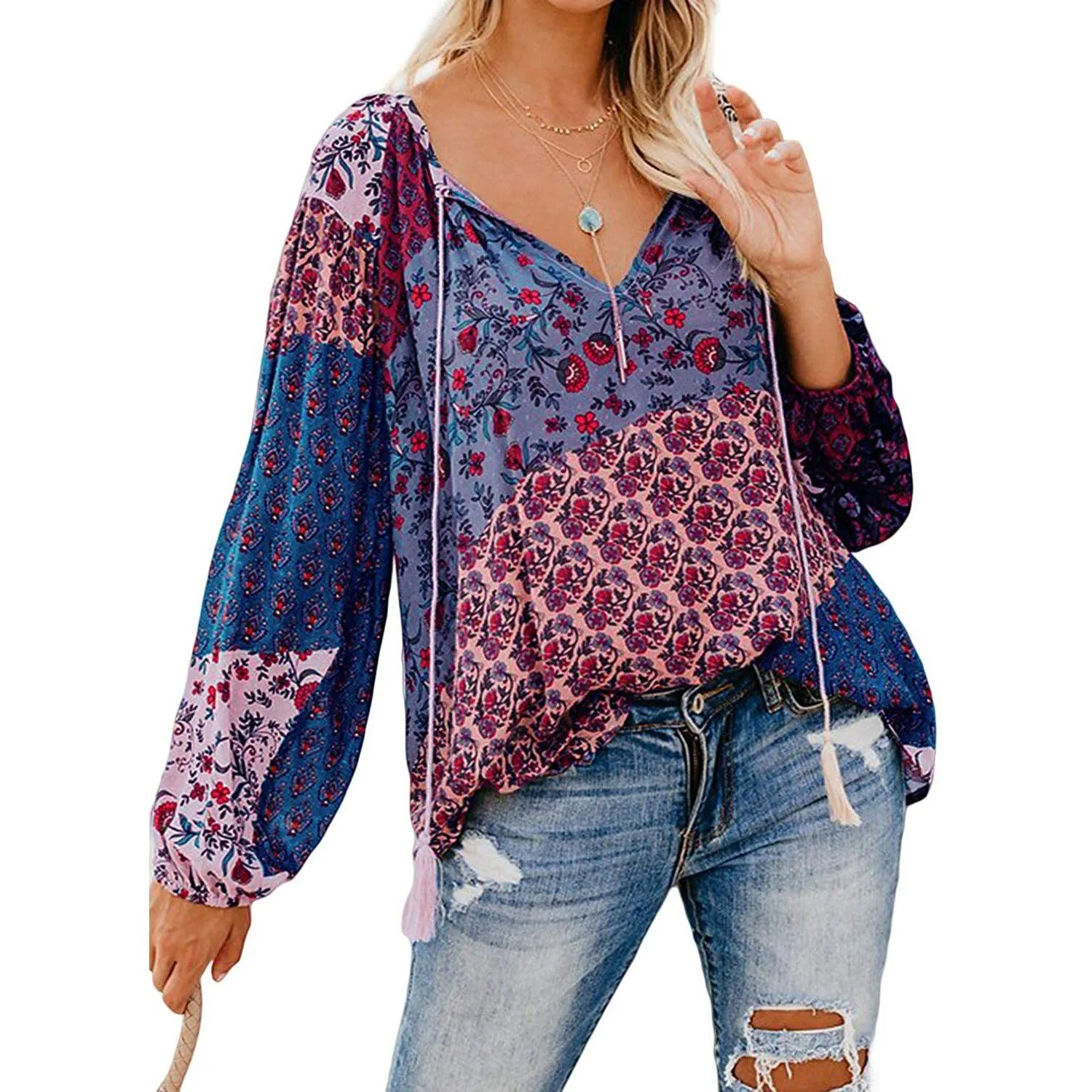 Women's Casual Boho Floral Print V Neck Long Sleeve Shirts Tops