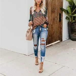 Women's Casual Boho Floral Print V Neck Long Sleeve Shirts Tops