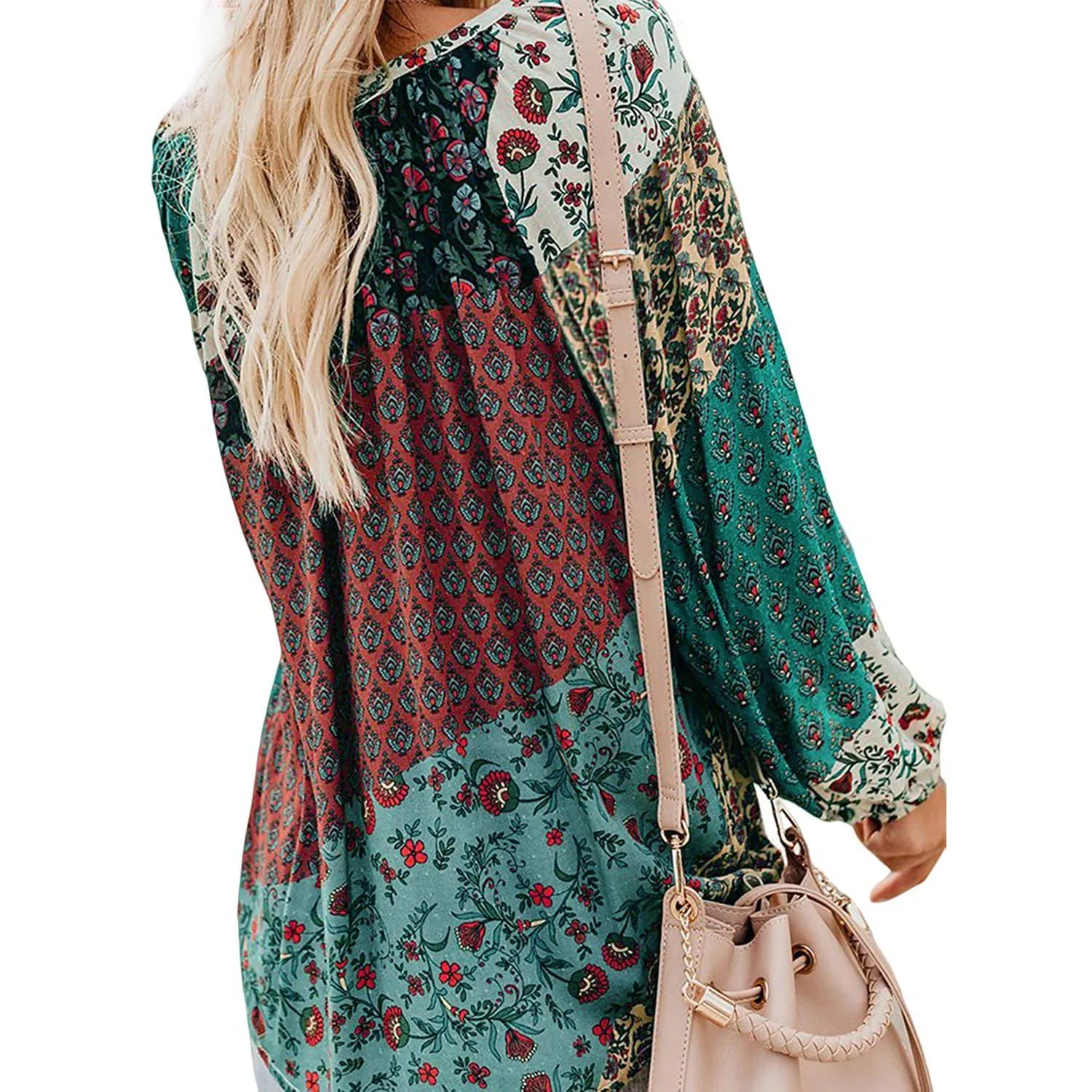 Women's Casual Boho Floral Print V Neck Long Sleeve Shirts Tops