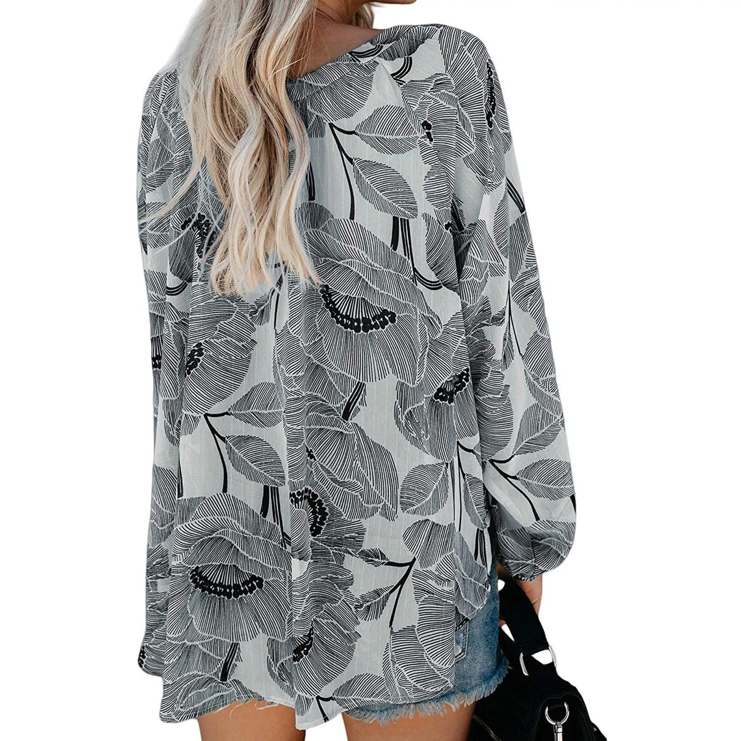 Women's Casual Boho Floral Print V Neck Long Sleeve Shirts Tops