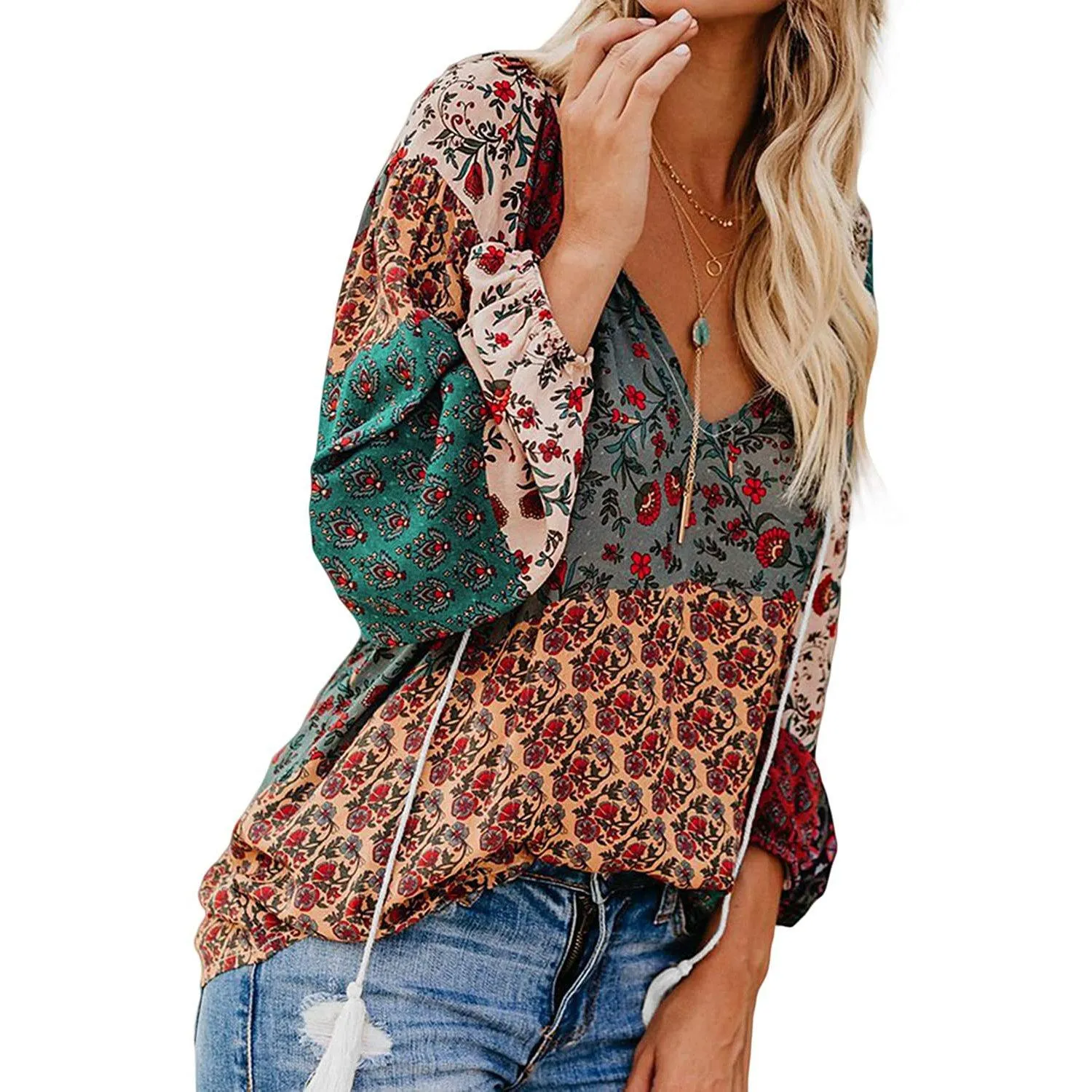 Women's Casual Boho Floral Print V Neck Long Sleeve Shirts Tops