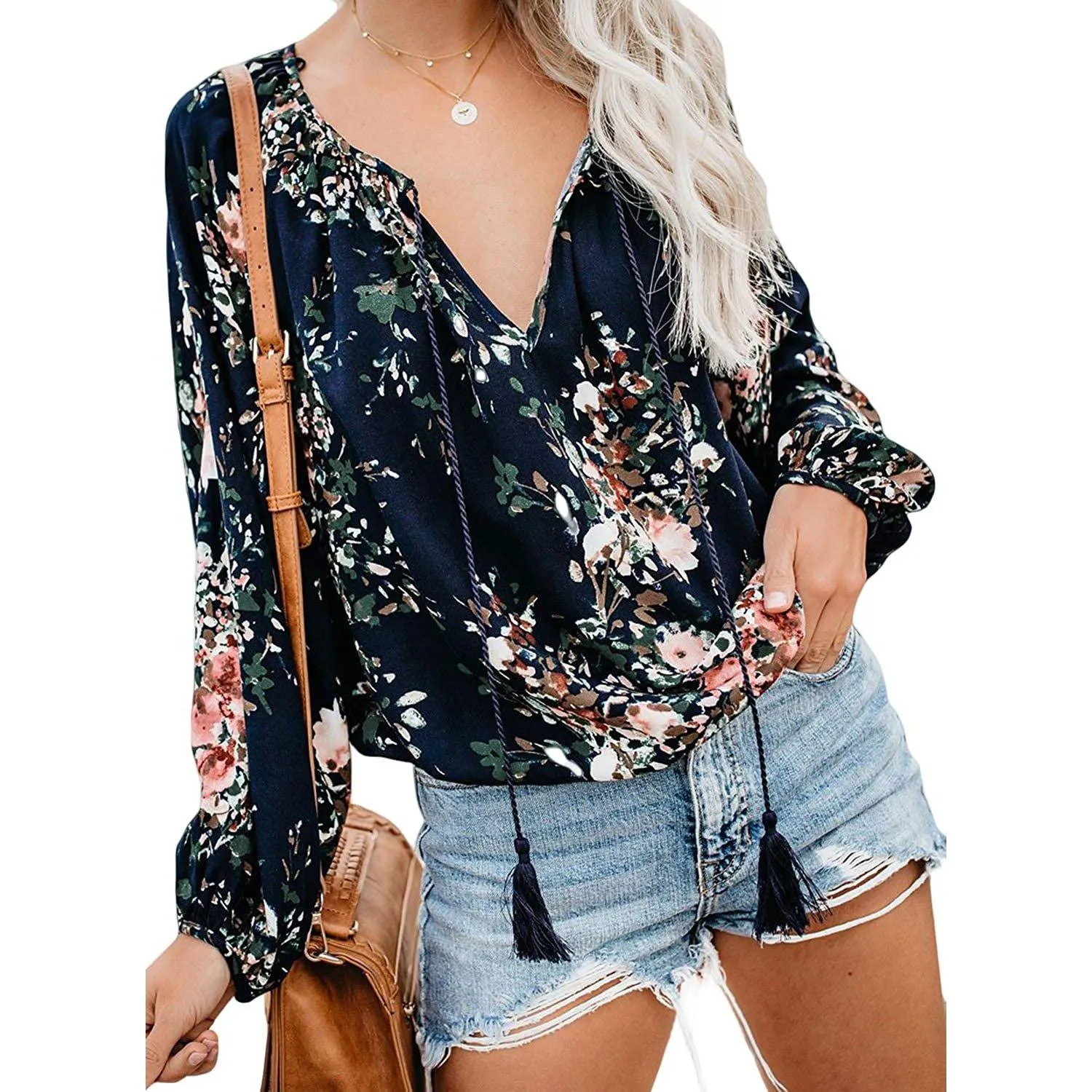 Women's Casual Boho Floral Print V Neck Long Sleeve Shirts Tops