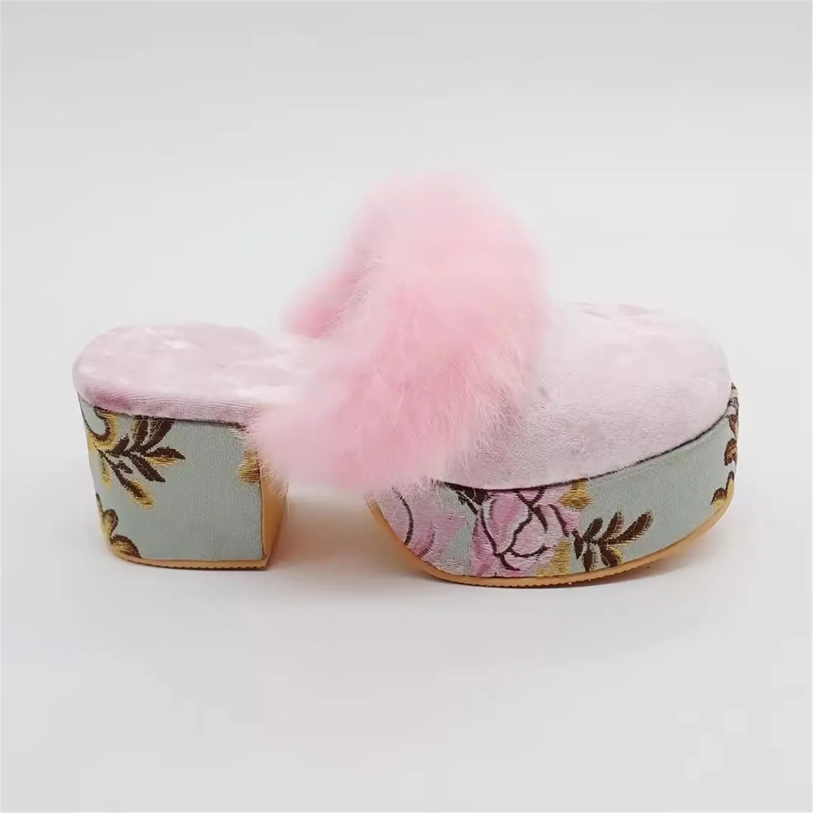 Women's Print Thick Heel Slippers With Real Rex Rabbit Fur Trim Fashion Closed Finger Sandals Slides