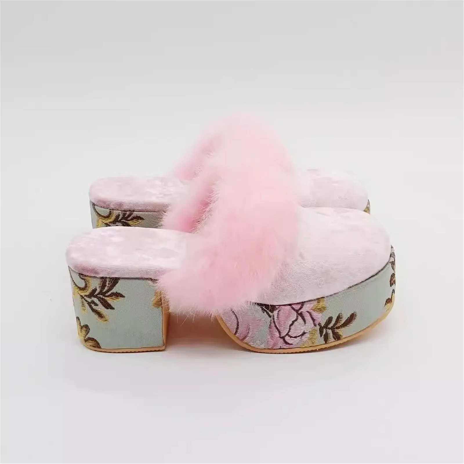 Women's Print Thick Heel Slippers With Real Rex Rabbit Fur Trim Fashion Closed Finger Sandals Slides