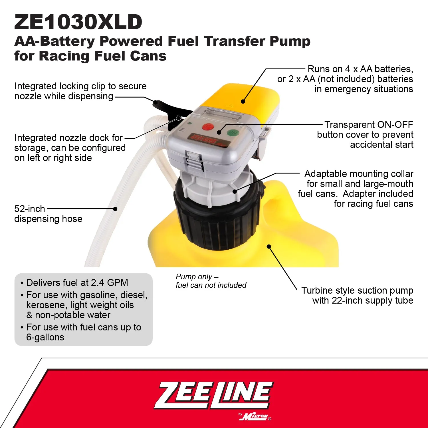 ZE1030XLD – AA Battery Powered Fuel Can Transfer Pump for Racing Style Fuel Cans